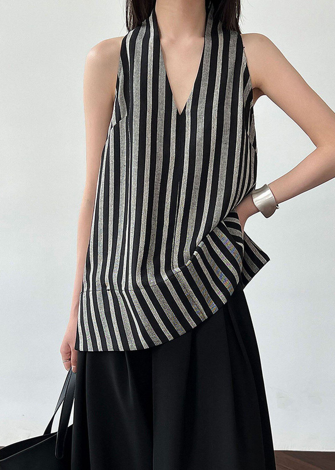 Black V Neck Striped Cotton Top Sleeveless
