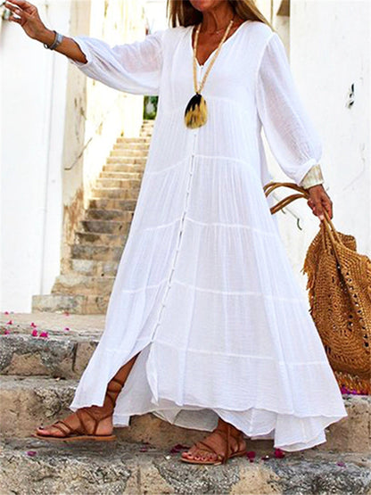 V-neck Long-sleeved Loose Waist Tie Buckle Cotton Linen Large Hem Dresses