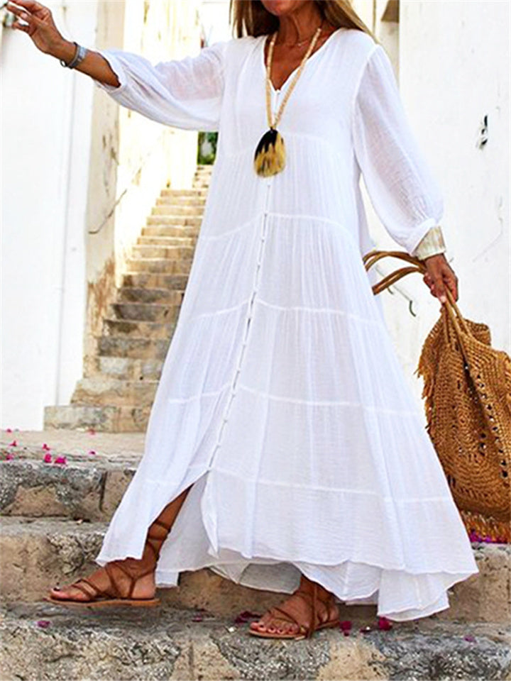 V-neck Long-sleeved Loose Waist Tie Buckle Cotton Linen Large Hem Dresses
