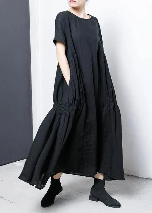 Linen Cotton Robes Pure Color Pleated A-line Dress
