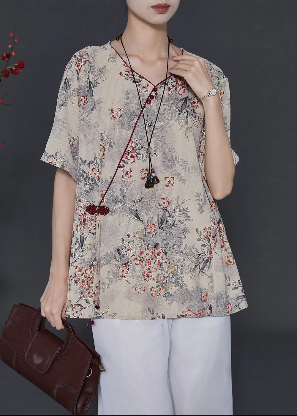 Art Khaki Print Chinese Button Chiffon Blouses Summer