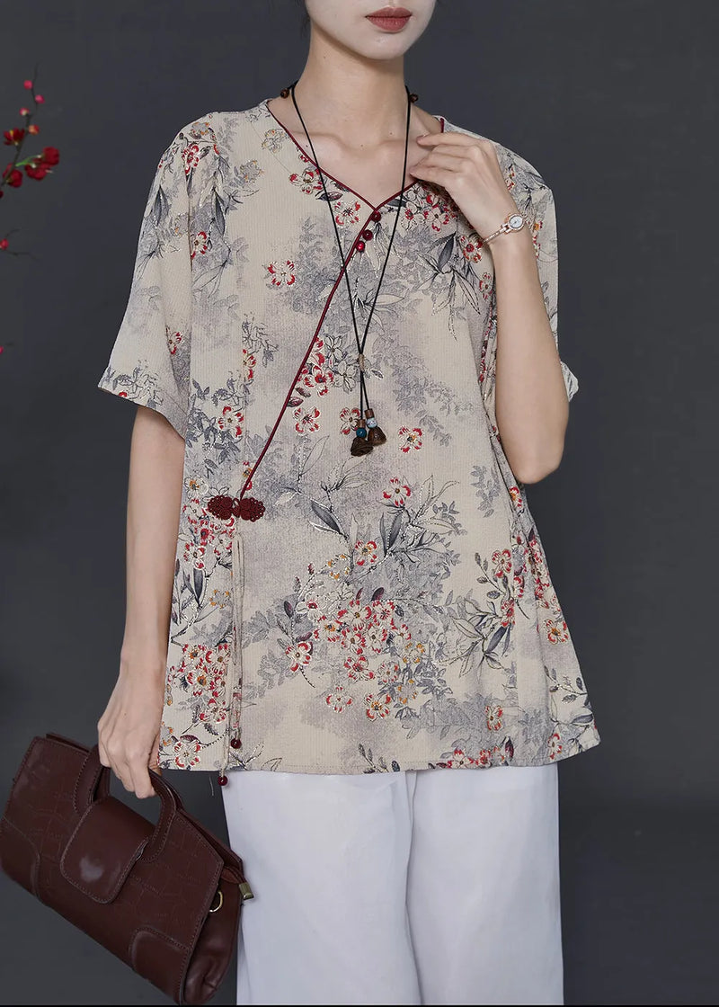 Art Khaki Print Chinese Button Chiffon Blouses Summer