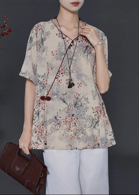 Art Khaki Print Chinese Button Chiffon Blouses Summer