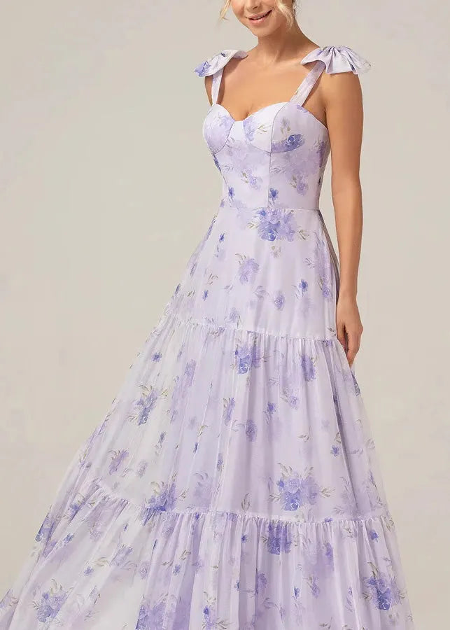 Purple Print Lace Up Chiffon Long Dress Summer