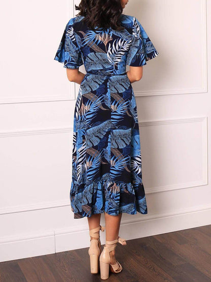 Leaf Palm Print Wrap Over Midi Dress