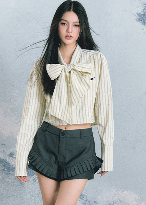 Light Yellow Bow Striped Patchwork Top Fall