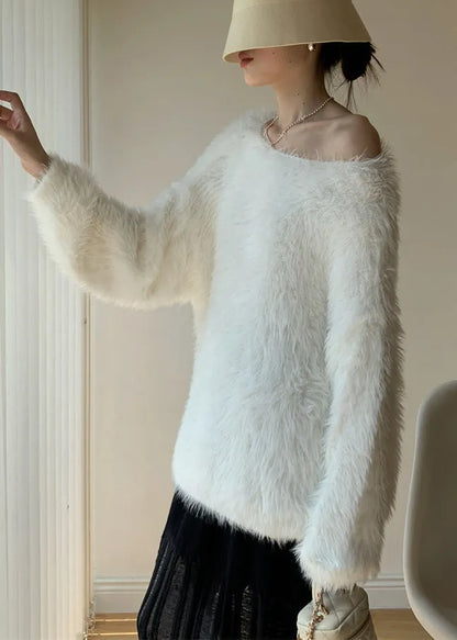 Simple White O-neck Mink Velvet Knit Sweater Winter