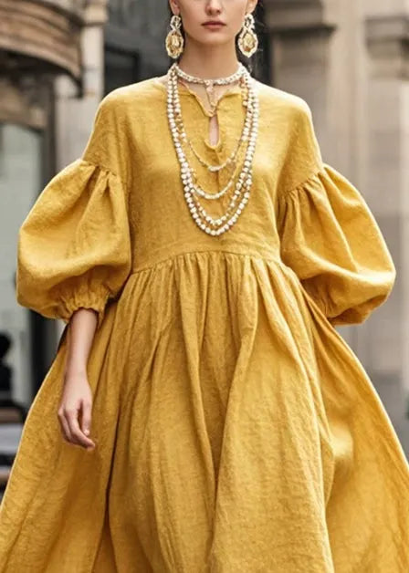 Yellow Exra Large Hem Cotton Maxi Dresses Lantern Sleeve