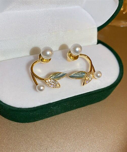 Gold Sterling Silver Alloy Zircon Pearl Leaves Hoop Earrings