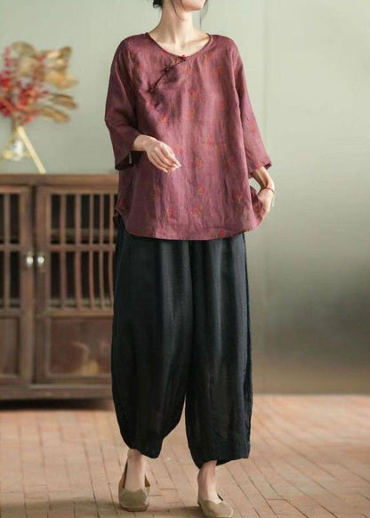 Retro Wine Red Print Tops and Pants Patchwork Linen Two Pieces Set Summer