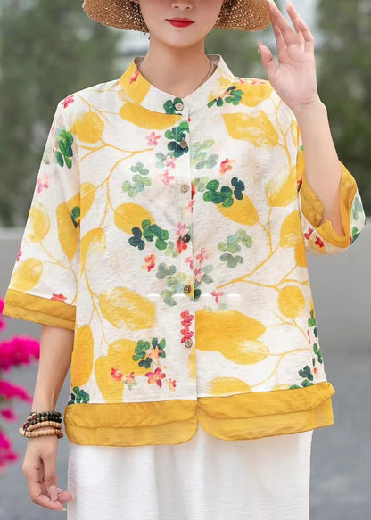 Green Stand Collar Print Linen Shirt Top Half Sleeve