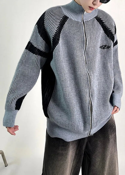 New Blue Striped Zip Up Knit Coat Fall