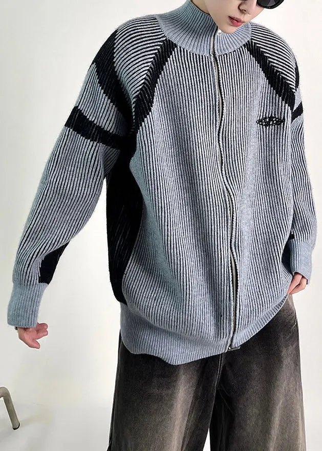New Blue Striped Zip Up Knit Coat Fall