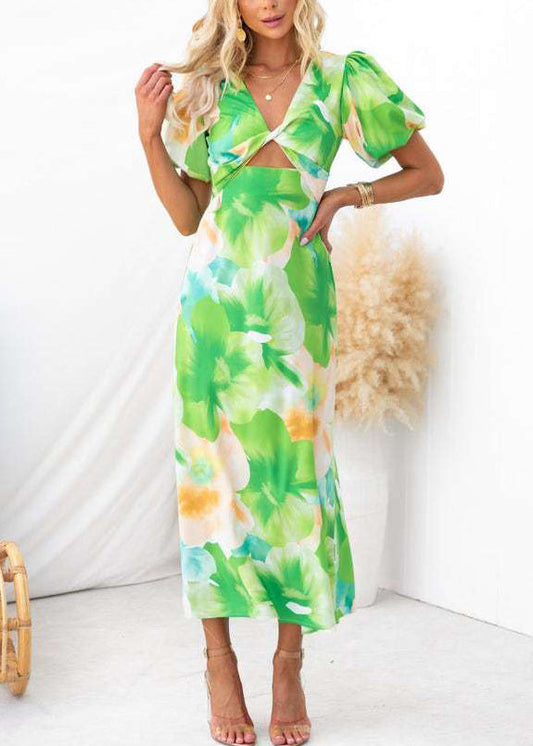 Green V Neck Puff Sleeve Print Hollow Out Cotton Long Dresses