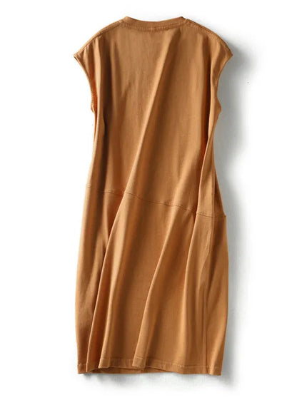 Slim Fit Orange O-neck Pockets Long Dress Short Sleeve
