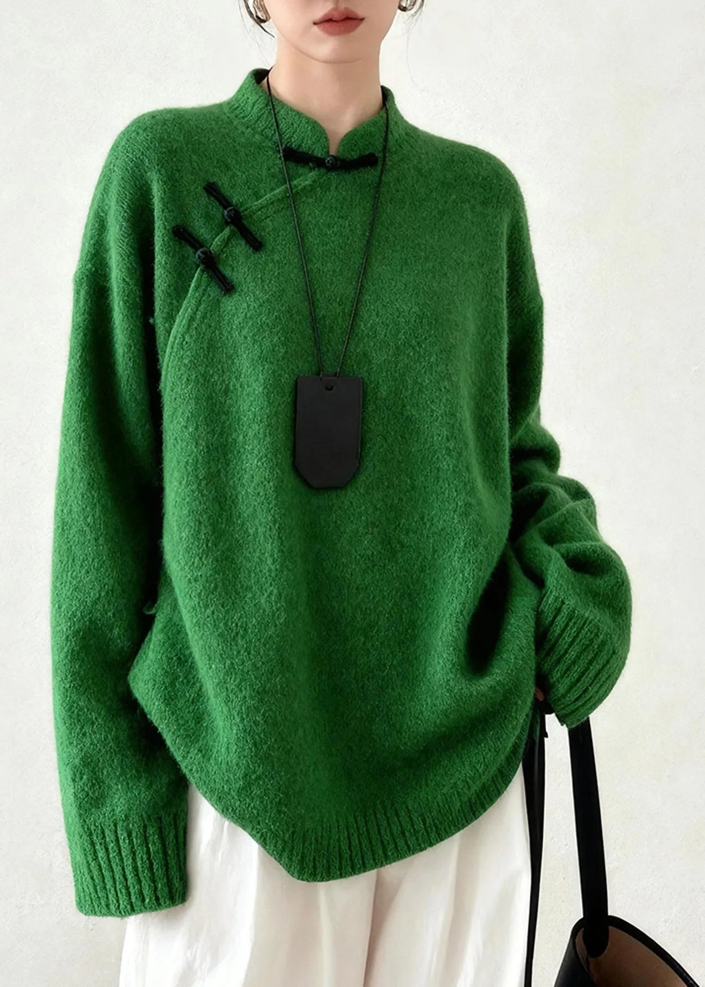 Diy Tea Green Mandarin Collar Chinese Button Knit Sweater Tops Winter