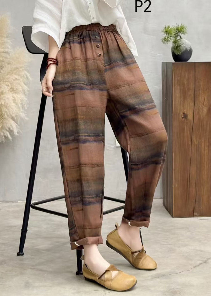 Brown Oversized Print Linen Harem Pants Summer