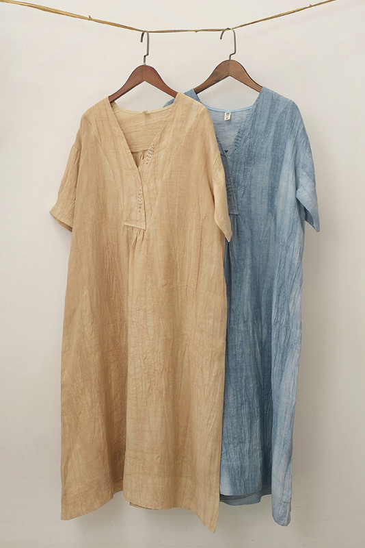 Summer Color Dress Cotton Linen Half Sleeve Long Dress