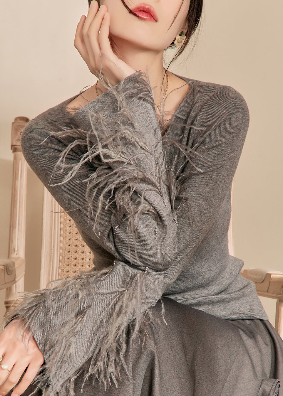 Fitted Grey O-neck Tassel Cotton Knit Sweaters Fall