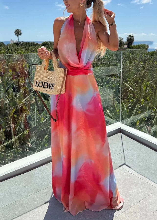 Summer Purple Print Sleeveless Dress Backless Hanging Neck