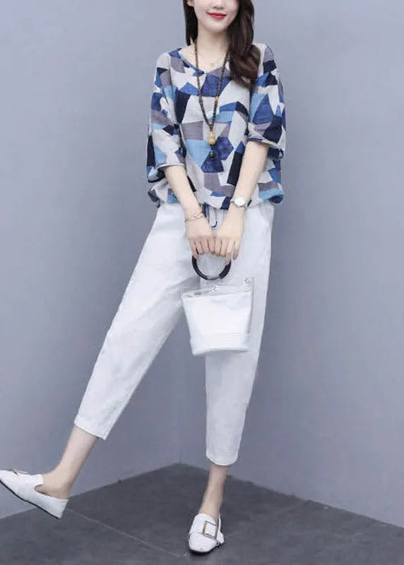 Vogue Blue Print Tops and Crop Pants Summer