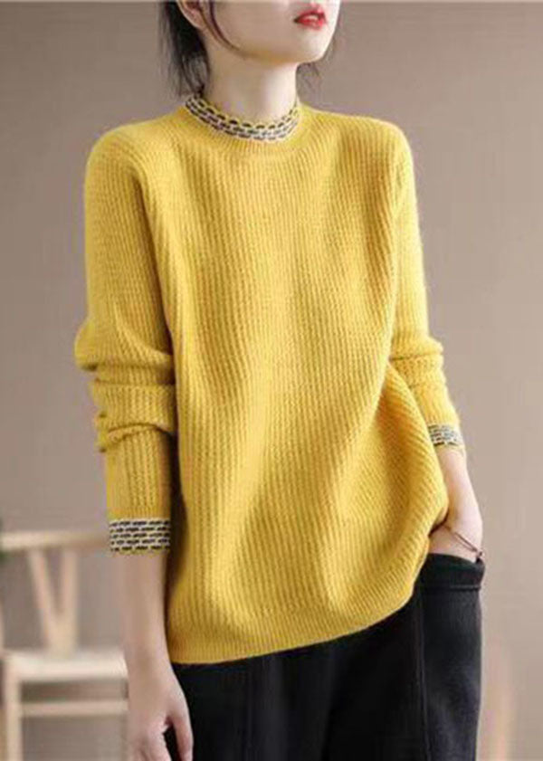 Simple Yellow High Neck Thick Knit Sweater Tops Winter