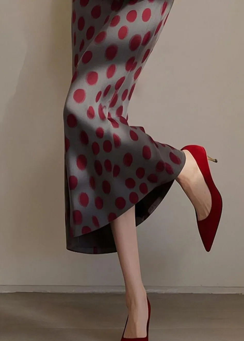 Dark Grey Dot Print High Waist Cotton Skirts Spring