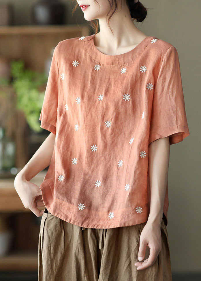 Orange Embroidered Linen Blouses Top Short Sleeve