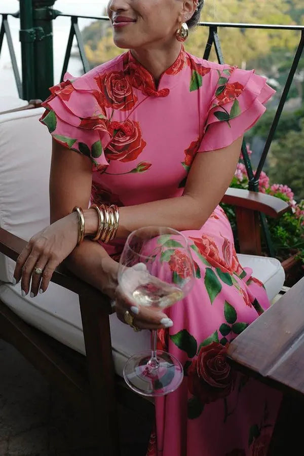 Cheongsam Style Rose Print Tiered Flare Sleeve Stretch Maxi Dress