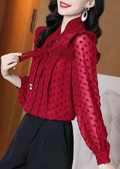 Unique Red Ruffled Jacquard Chiffon Shirts Lantern Sleeve
