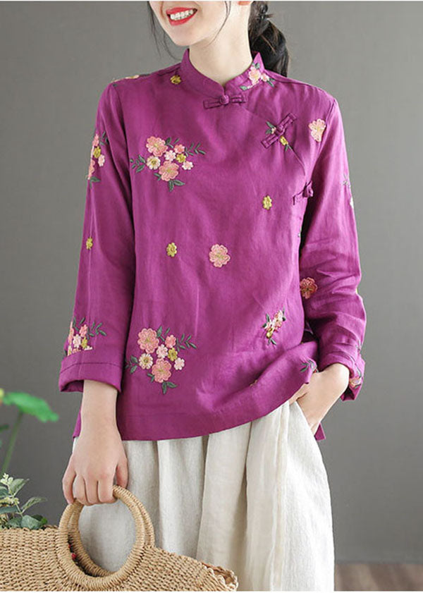 Purple Linen Chinese Style Blouses Embroidered Oriental Button Long Sleeve