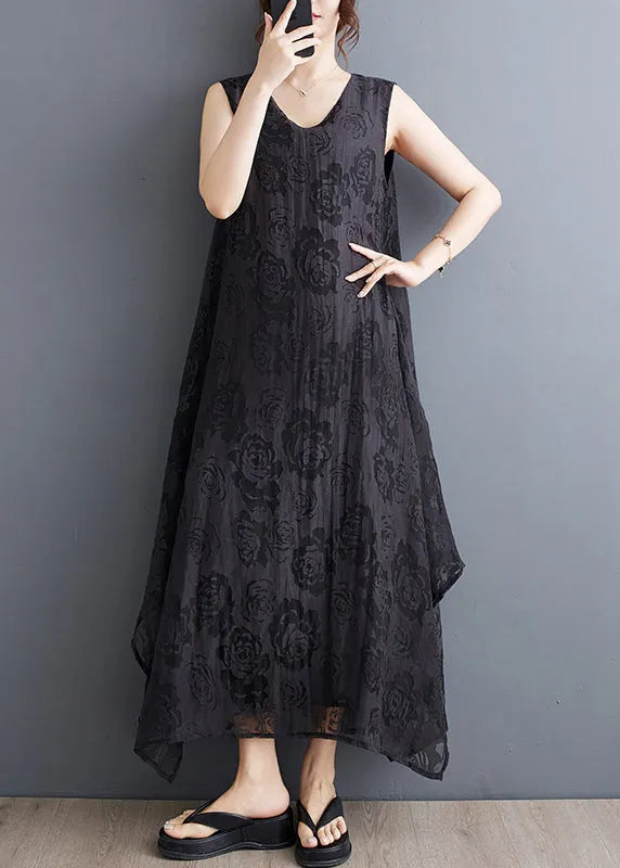 Black O-neck Asymmetrical Hollow Out Holiday Lace Maxi Dress Summer