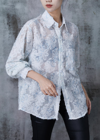 Blue Loose Chiffon Upf 50+ Top Spring