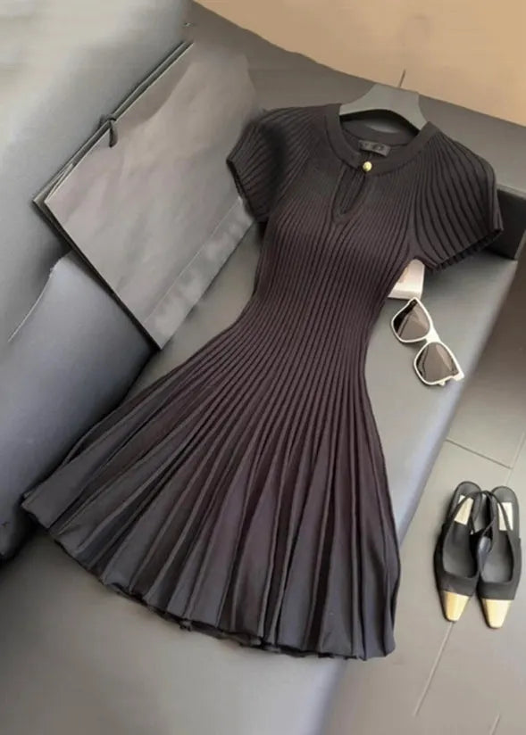 Black O Neck Wrinkled Knit Mid Dress Summer