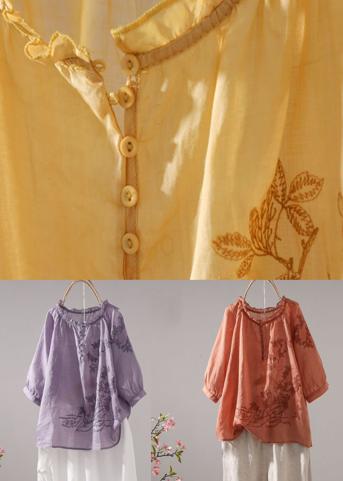Orange Patchwork Linen T Shirt Embroidered O-neck Half Sleeve