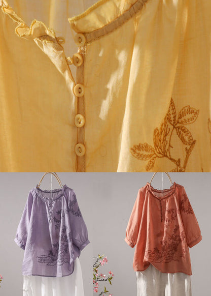 Orange Patchwork Linen T Shirt Embroidered O-neck Half Sleeve