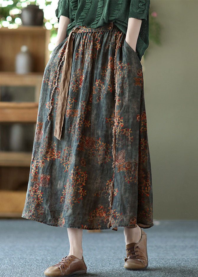 Blackish Green Wrinkled Pockets Patchwork Linen Skirts Summer