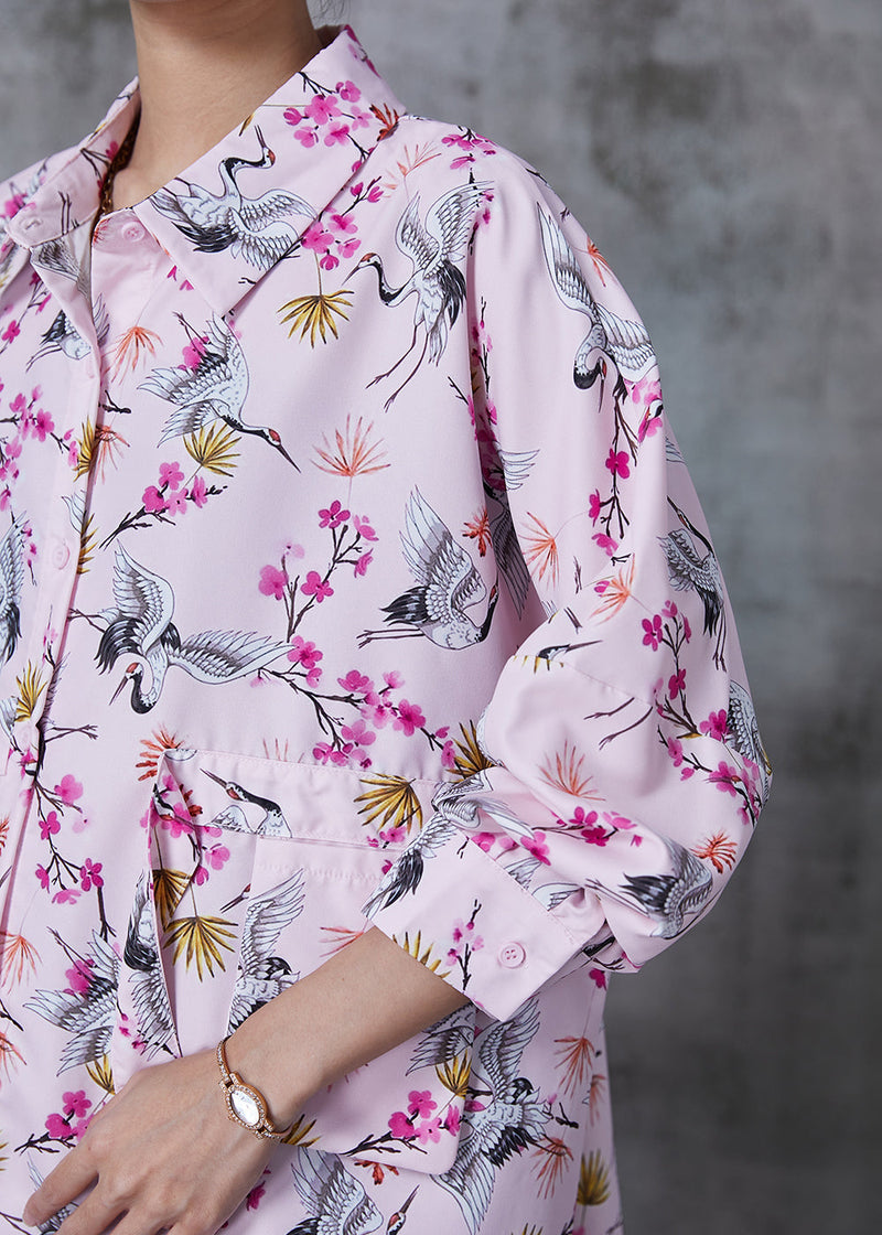 Pink Oversized Red-crowned Crane Print Cotton Blouses Fall