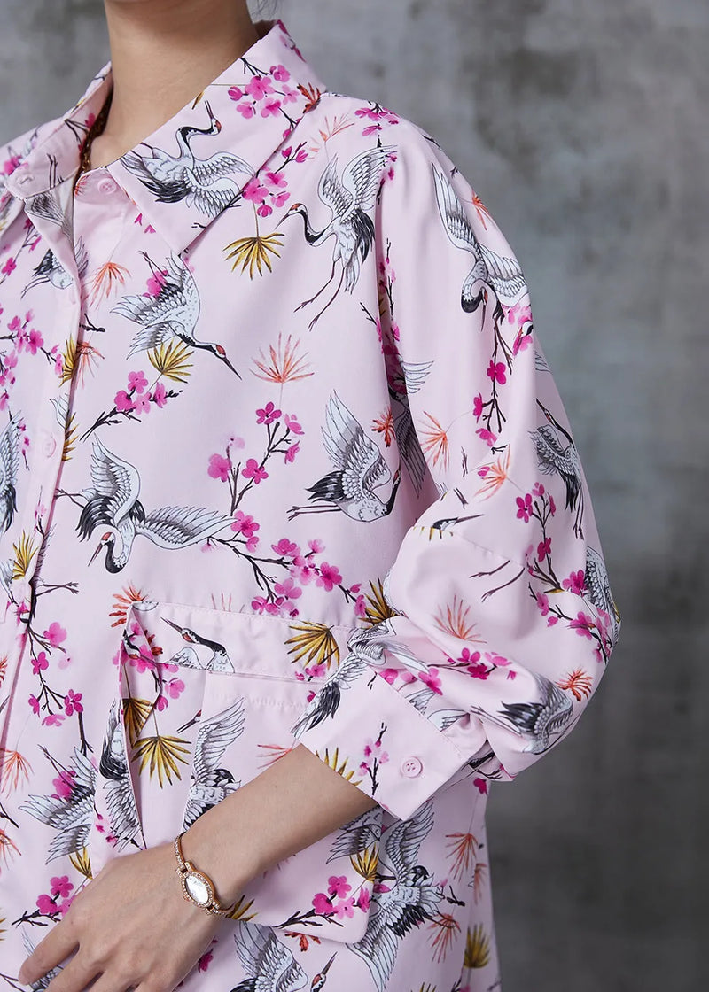 Pink Oversized Red-crowned Crane Print Cotton Blouses Fall