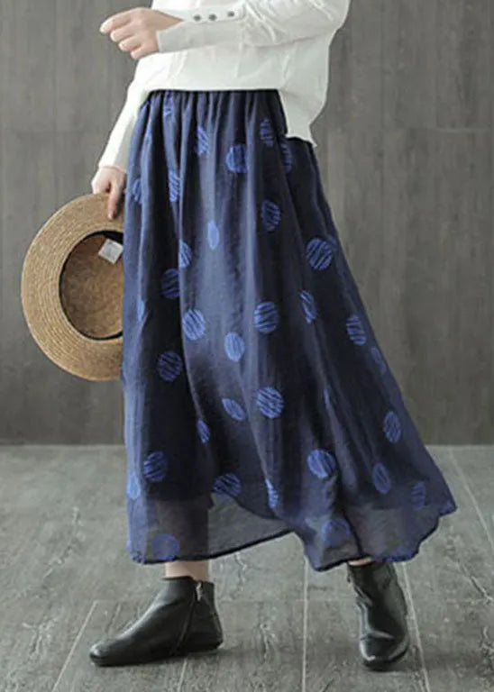 Dark Blue Elastic Waist Dot Print Linen Skirts Spring