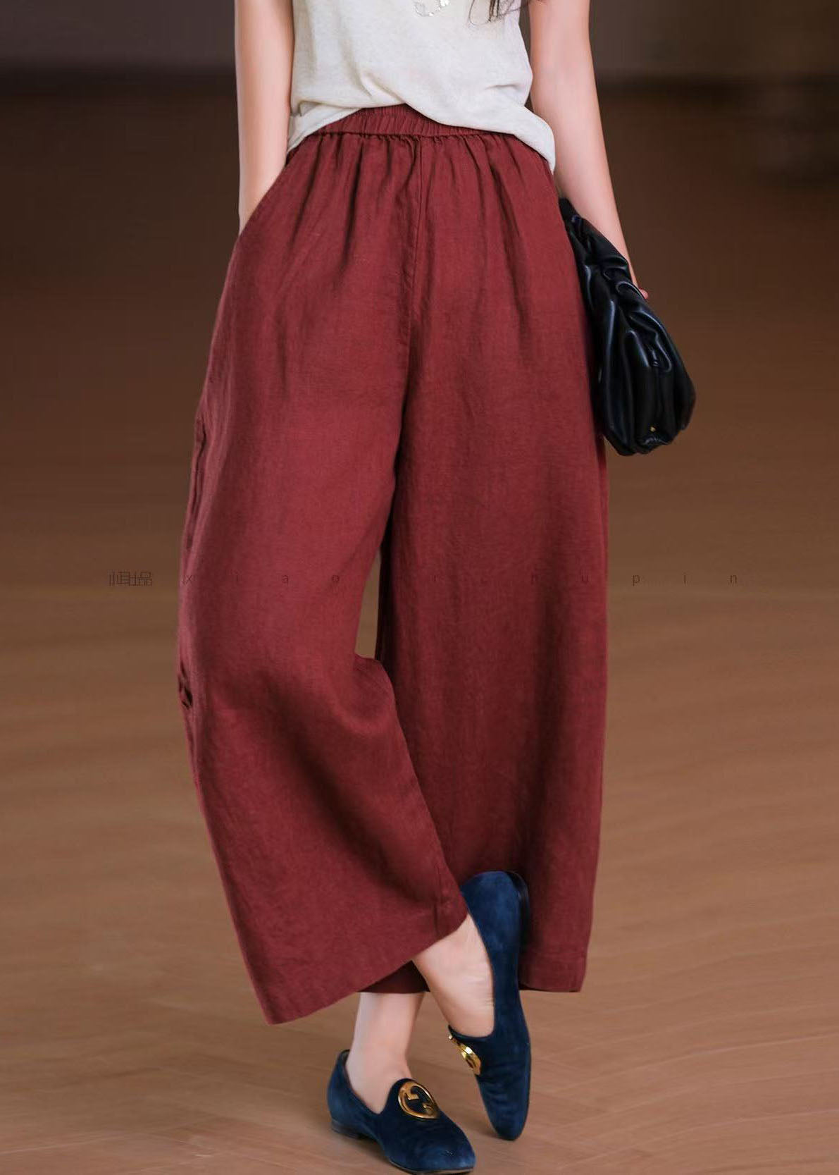 White Elastic Waist Pockets Linen Wide Leg Pants Summer