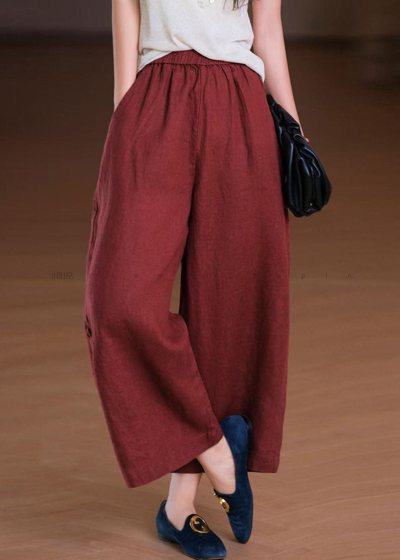 White Elastic Waist Pockets Linen Wide Leg Pants Summer