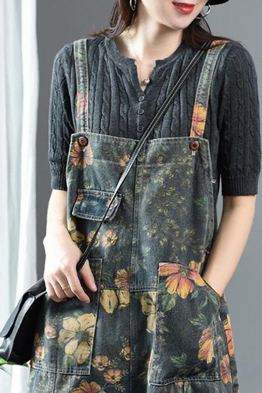 Limited Stock- Flower Print Denim Cotton Jumpsuit Dungarees