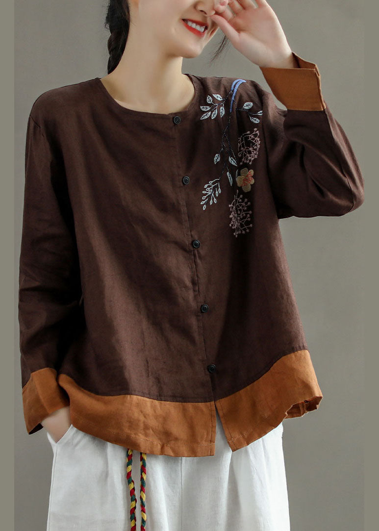 Chocolate O-neck Embroidered Patchwork Linen Shirt Tops Long Sleeve