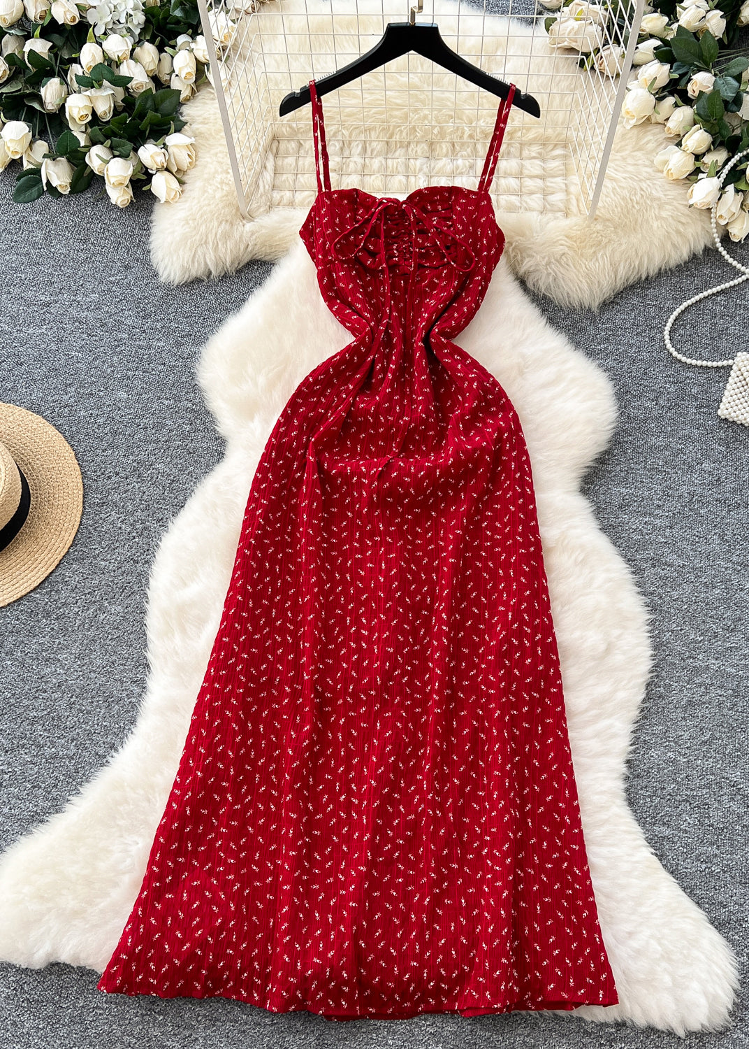 Red Cinched Print Cotton Spaghetti Strap Dress Dress Summer
