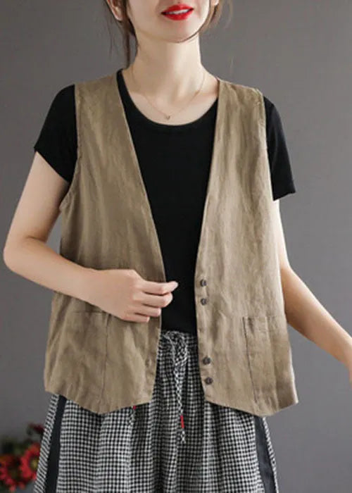 Orange V Neck Pockets Linen Vest Tops Sleeveless