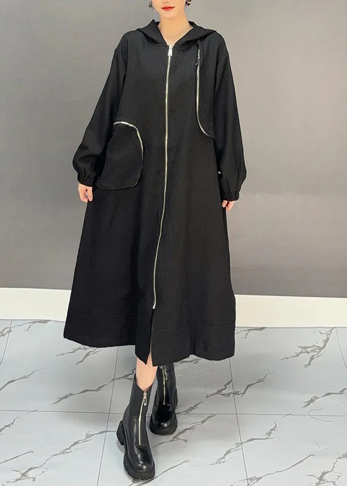 Coffee Patchwork Zippered Hooded Maxi Trench Coat Spring