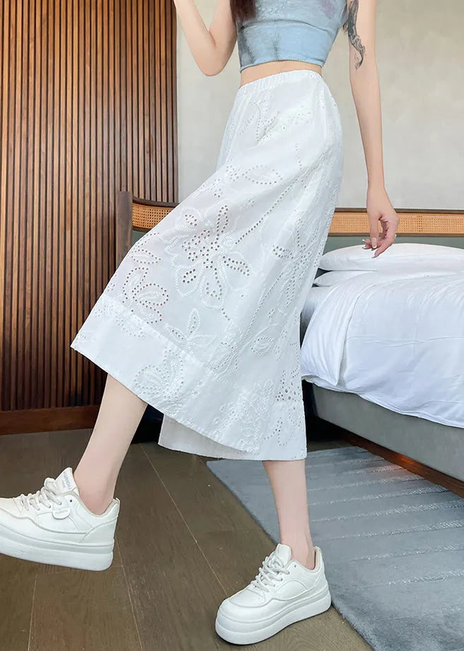 Loose White Hollow Out Pockets Elastic Waist Cotton Crop Pants Summer