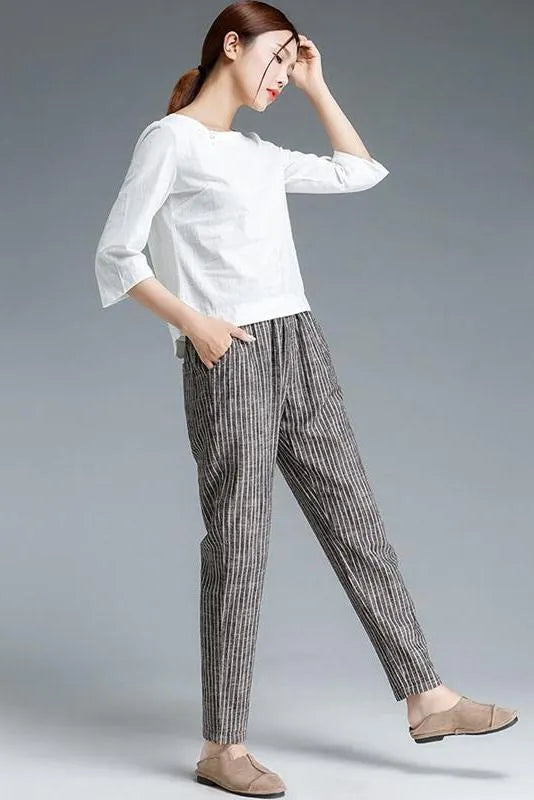 Lotstrends Stripe Cotton Linen Pants