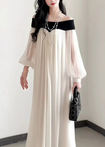 French Slash Neck Chiffon Dress Lantern Sleeves